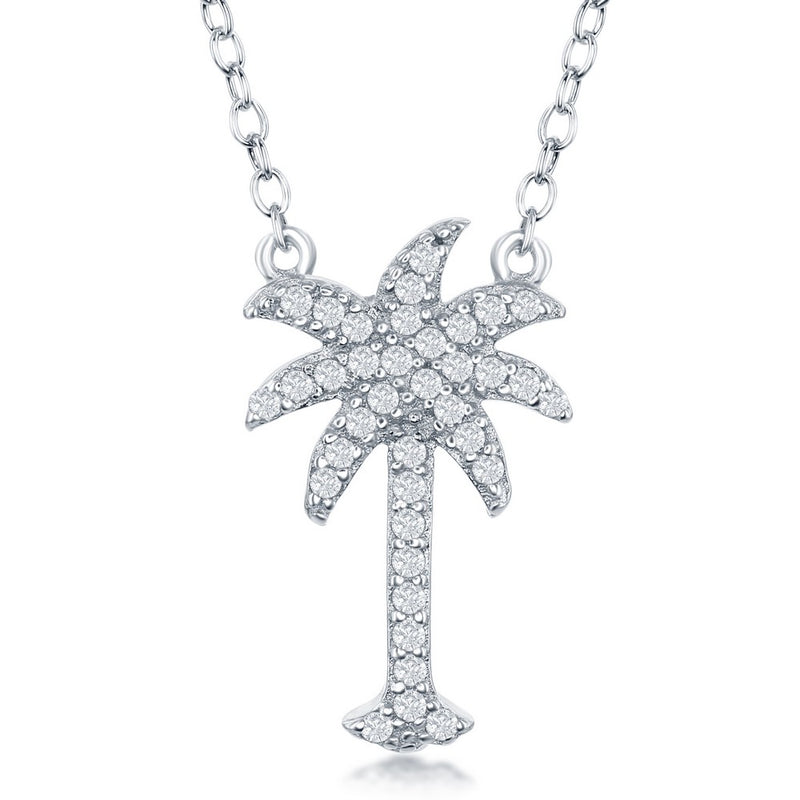 Sterling Silver and Cubic Zirconia Palmetto Tree Pendant on 18" Sterling Silver Chain, measures approximately 1".