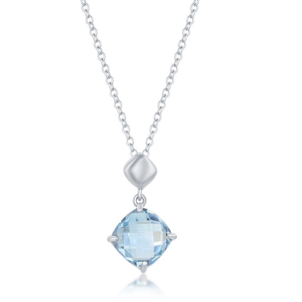 Sterling Silver Four-Prong Square Cushion-Cut Blue Topaz Necklace with 18" Sterling Silver Chain.