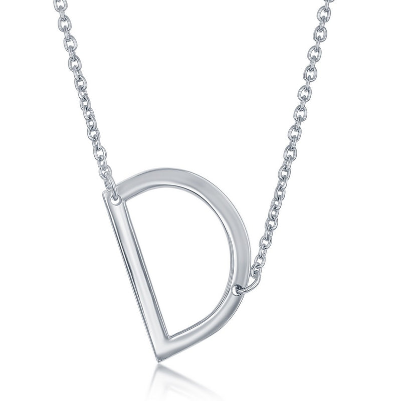 Sterling Silver Sideways 'D' Initial Pendant with 16+2" Sterling Silver Chain.