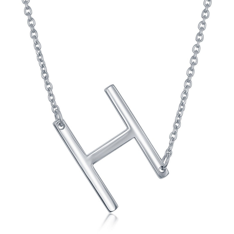 Sterling Silver Sideways 'H' Initial Pendant with 16+2" Sterling Silver Chain. Initial Measures Approximately 1".