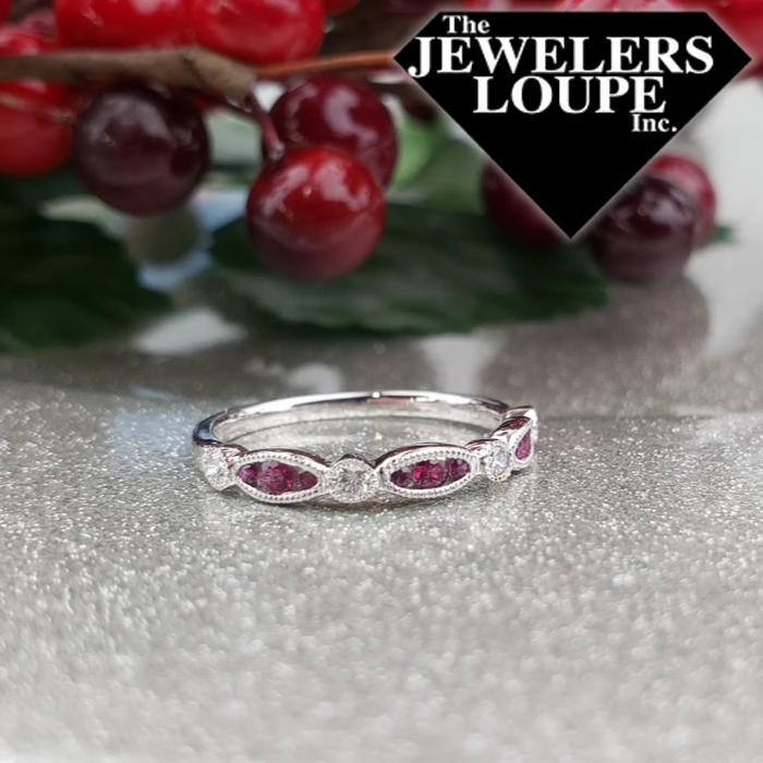 Vintage Style Band set with .10ctw round Diamond and .28ctw round Ruby in 14K White Gold.