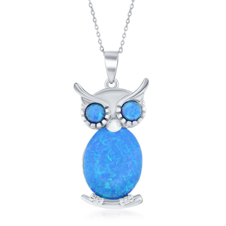 Sterling Silver Blue Created Opal Inlay Owl Necklace (95463)