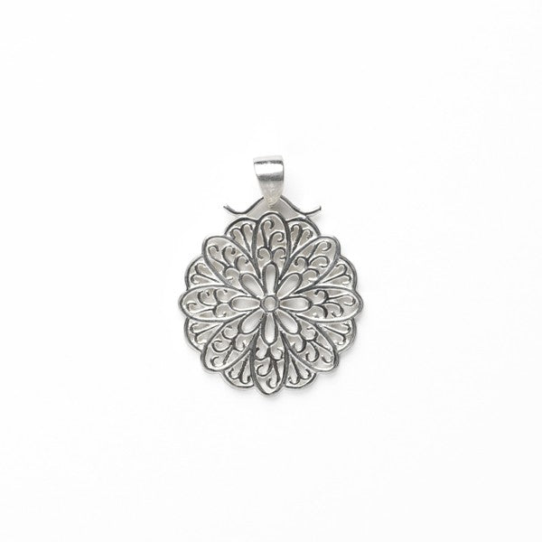 Southern Gates® Marigold Pendant Courtyard Series 21mm 925 Sterling Silver Designed and distributed in Charleston, SC   Celebrate historic Southern gardens featuring wrought iron elements of sweet blooms, scrolling vines and lush landscapes.