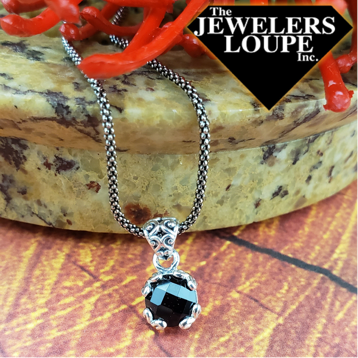 Samuel B. Sterling Silver 7mm Round Checkerboard Cut Black Spinel with Necklace with 17+3" Sterling Silver Chain.