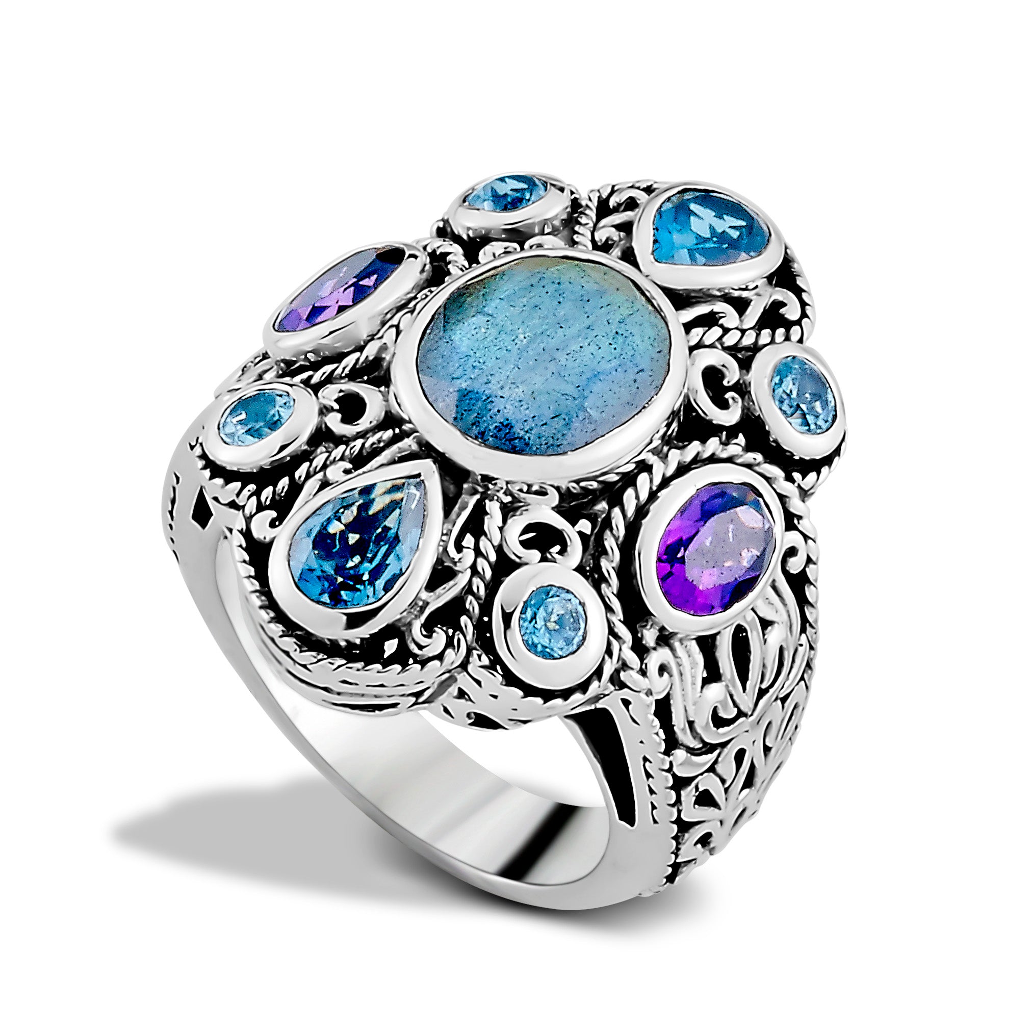 Samuel B. Sterling Silver Balinese Design Multi Shape Multi-Gemstone Ring, Size 7. Our Sterling Silver scroll work multi gemstone ring, handcrafted in Bali by our skilled artisans. From our signature collection, Royal Bali™ featuring designs handcrafted using sterling silver and genuine gemstones. Size 7.
