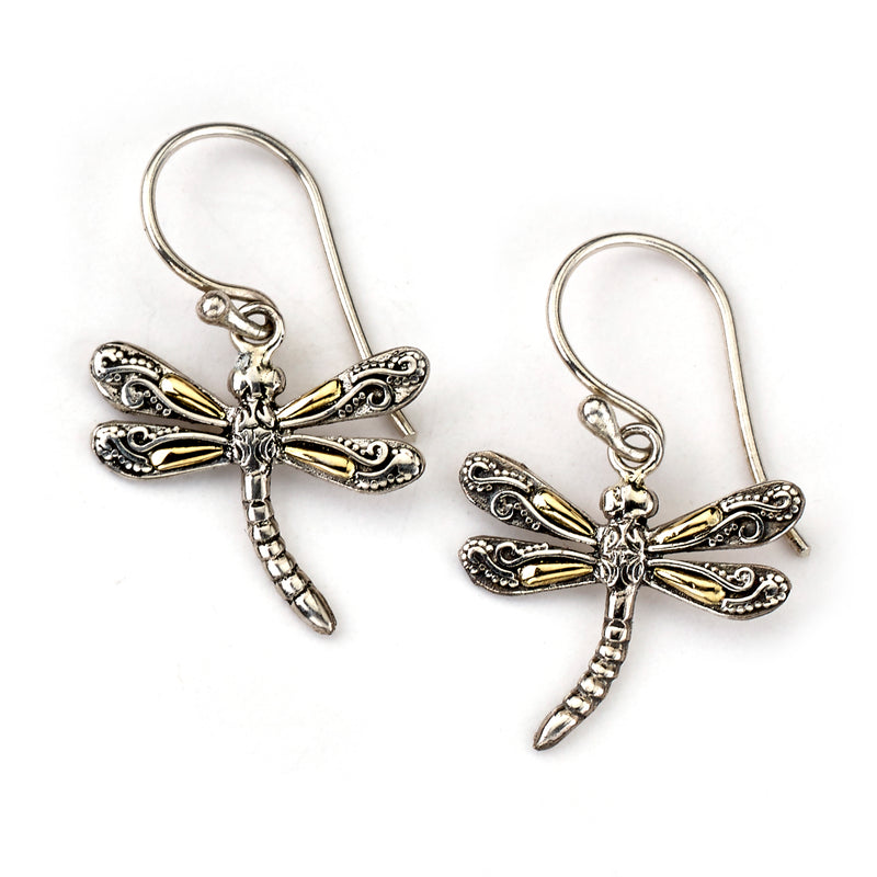 Samuel B. Sterling Silver and 18K Yellow Gold Dragonfly Capung Earrings. Our Sterling Silver 18k solid Gold small dragonfly earrings, handcrafted in Bali by our skilled artisans. From our Bali Privé™ collection which embodies the 2021 PANTONE™ Colors of the Year, showcasing the perfect combination of sterling silver and solid 18k gold.