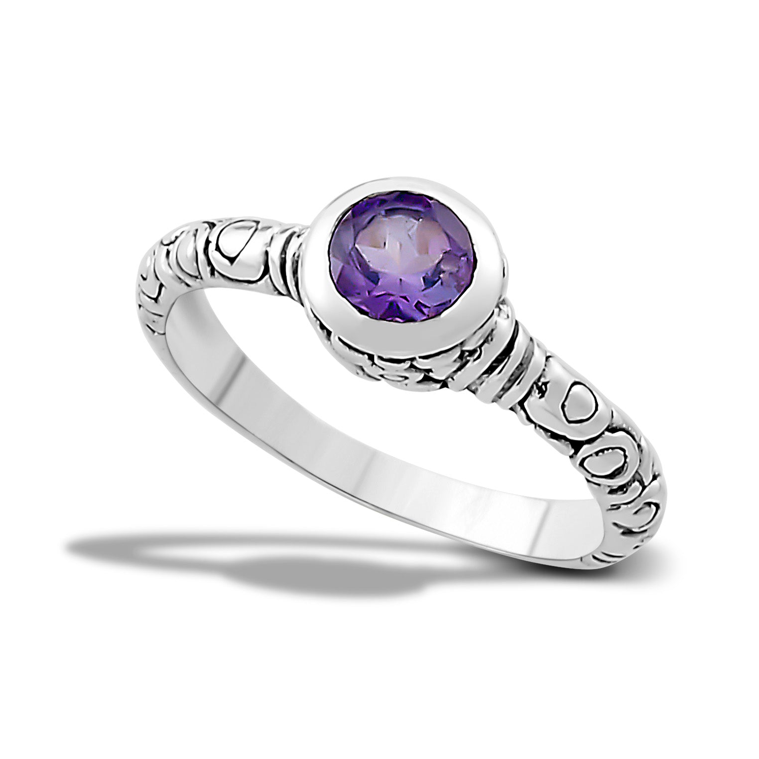 Samuel B. Sterling Silver Balinese Design Round Iyang Amethyst Ring, Size 7. Handcrafted in Bali by our skilled artisans. From our signature collection, Royal Bali™ featuring designs handcrafted using sterling silver genuine gemstones. The February birthstone, Amethyst, is said to strengthen relationships and give its wearer courage. At one time, only royalty could wear the gem.