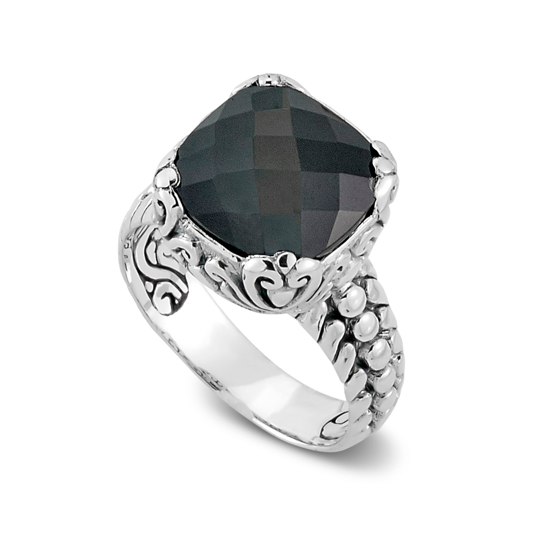 Samuel B. Sterling Silver Cushion Cut Black Onyx Lider Ring is handcrafted in Bali by our skilled artisans. From our signature collection, Royal Bali™ featuring designs handcrafted using sterling silver and genuine gemstones.