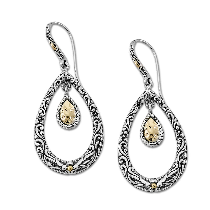 Samuel B. Sterling Silver and 18K Yellow Gold Floral and Hammered Design Open Teardrop Lopok Earrings. Our Sterling Silver 18k solid Gold hammer design tear drop earrings with stud, handcrafted in Bali by our skilled artisans. From our Bali Privé™ collection which embodies the 2021 PANTONE™ Colors of the Year, showcasing the perfect combination of sterling silver and solid 18k gold. 