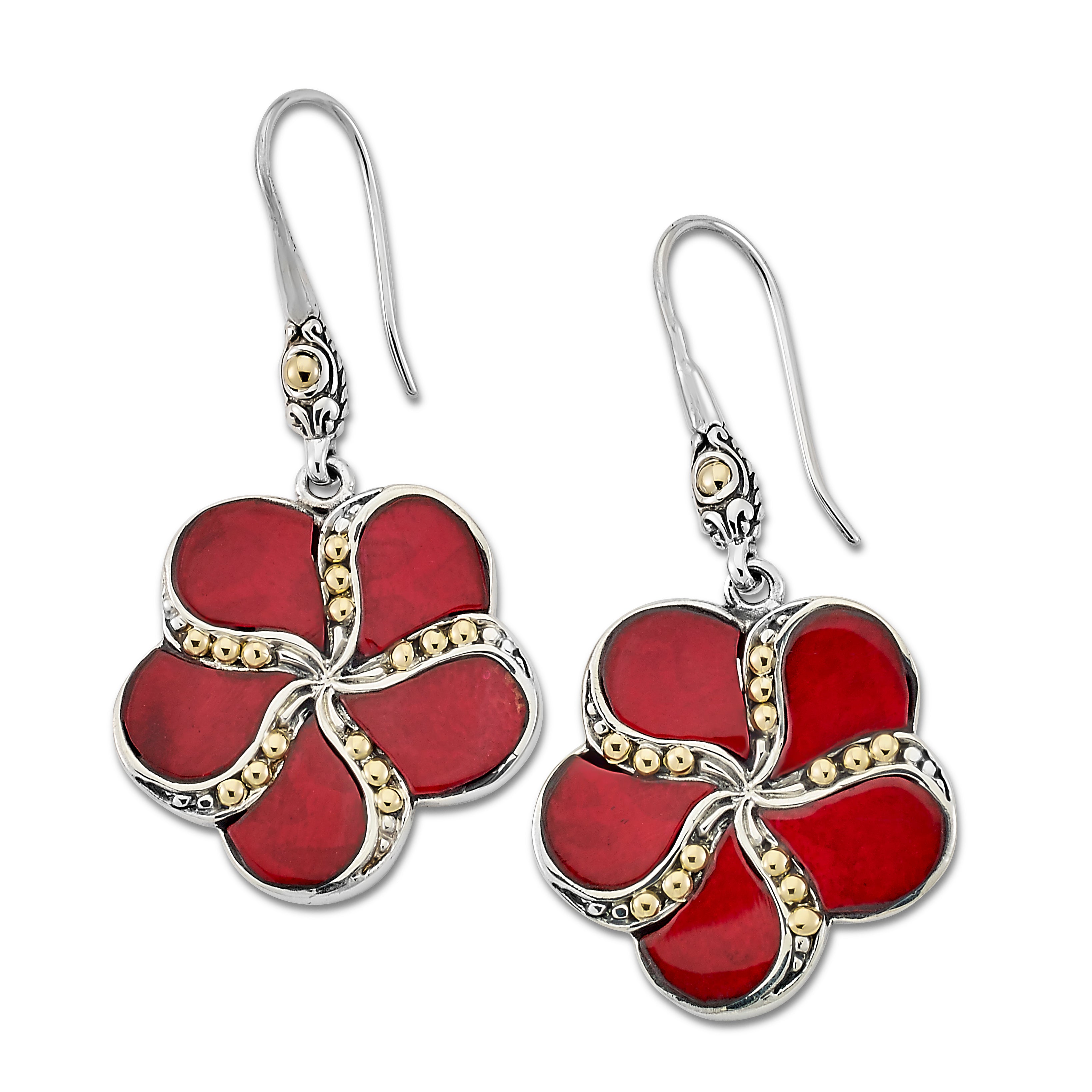 Samuel B. Sterling Silver Flower Design Coral Drop Sumba Earrings. Our Sterling Silver 18k solid Gold coral flower earring, handcrafted in Bali by our skilled artisans. The Gems of the Sea collection is inspired by the beauty of the white beaches, sparkling sea and the flourishing coral reefs of Bali.