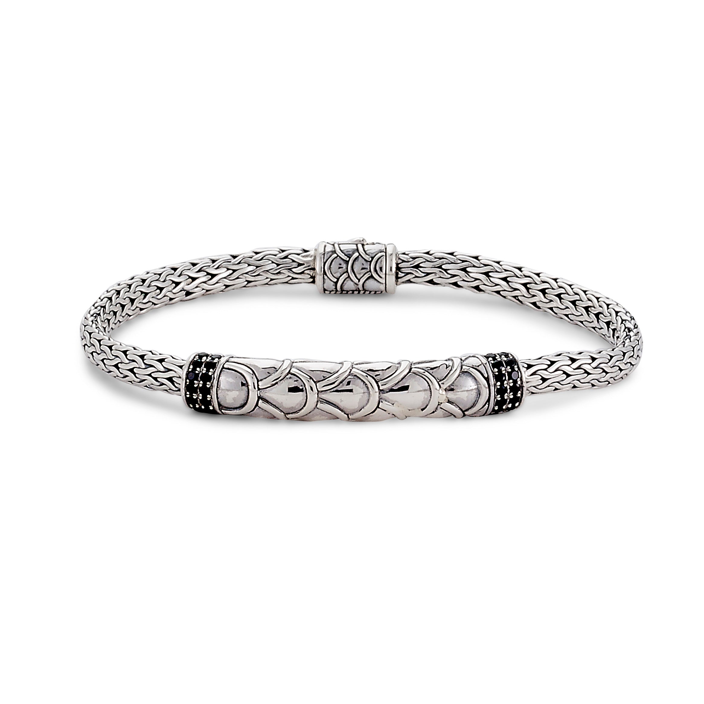 Samuel B. Sterling Silver Tulang Naga Baris Bracelet with Black Spinel. Our Sterling Silver 5mm tulang naga bar bracelet with pave black spinel, handcrafted in Bali by our skilled artisans. From our signature collection, Royal Bali™ featuring designs handcrafted using sterling silver, solid 18k gold accents and genuine gemstones.