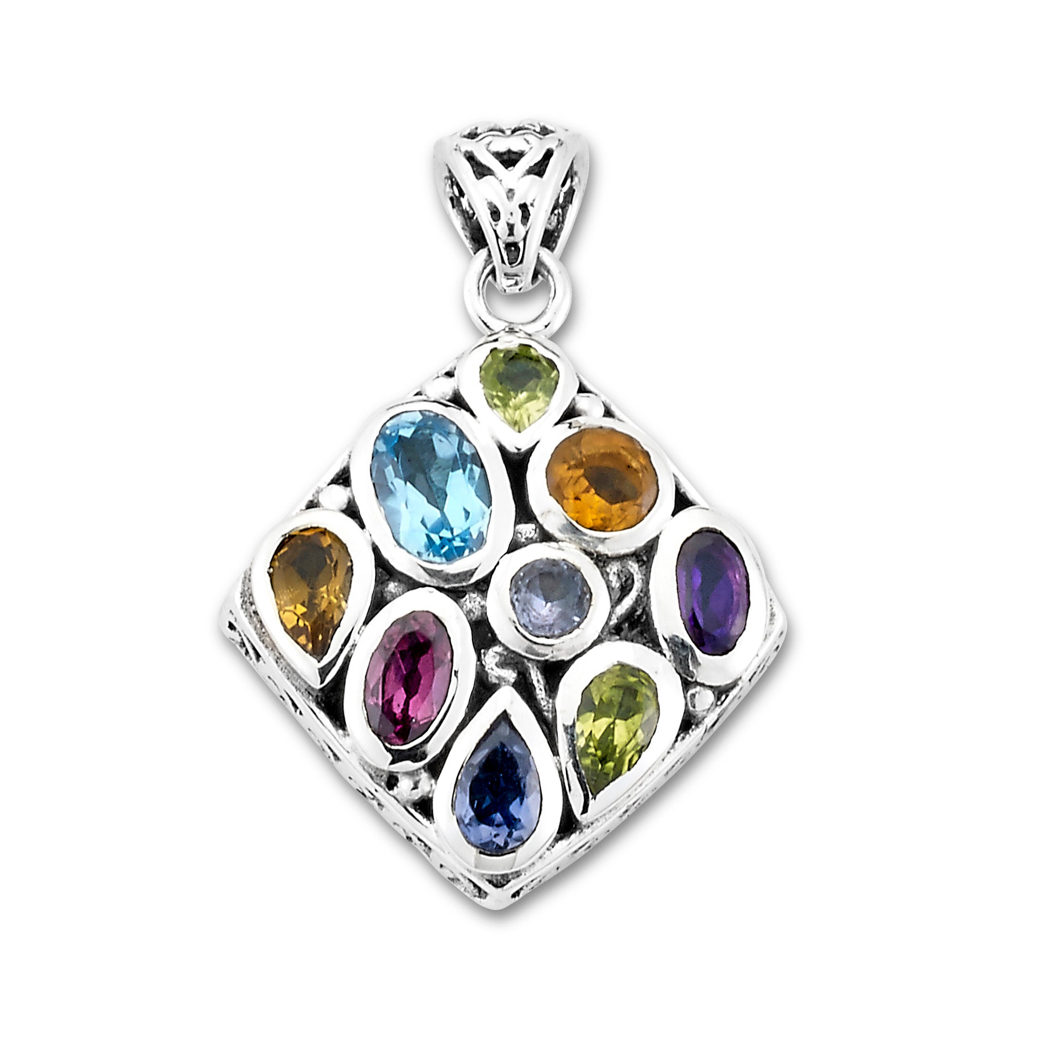 Samuel B Sterling Silver Amanzi Multi Gemstone Pendant. Our Sterling Silver multi gemstone pendant, handcrafted in Bali by our skilled artisans. From our signature collection, Royal Bali™ featuring designs handcrafted using sterling silver and genuine gemstones.
