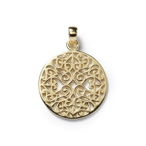 Southern Gates® Small Original Round Scroll Gold Plated Pendant Classic Series 30mm All Sunset Collection styles are Palladium over Sterling Silver with a 14K Hamilton finish. Designed and distributed in Charleston, SC   An original design from the Southern Gates® Collection inspired by traditional filigree patterns found in historic wrought iron gates throughout the South.