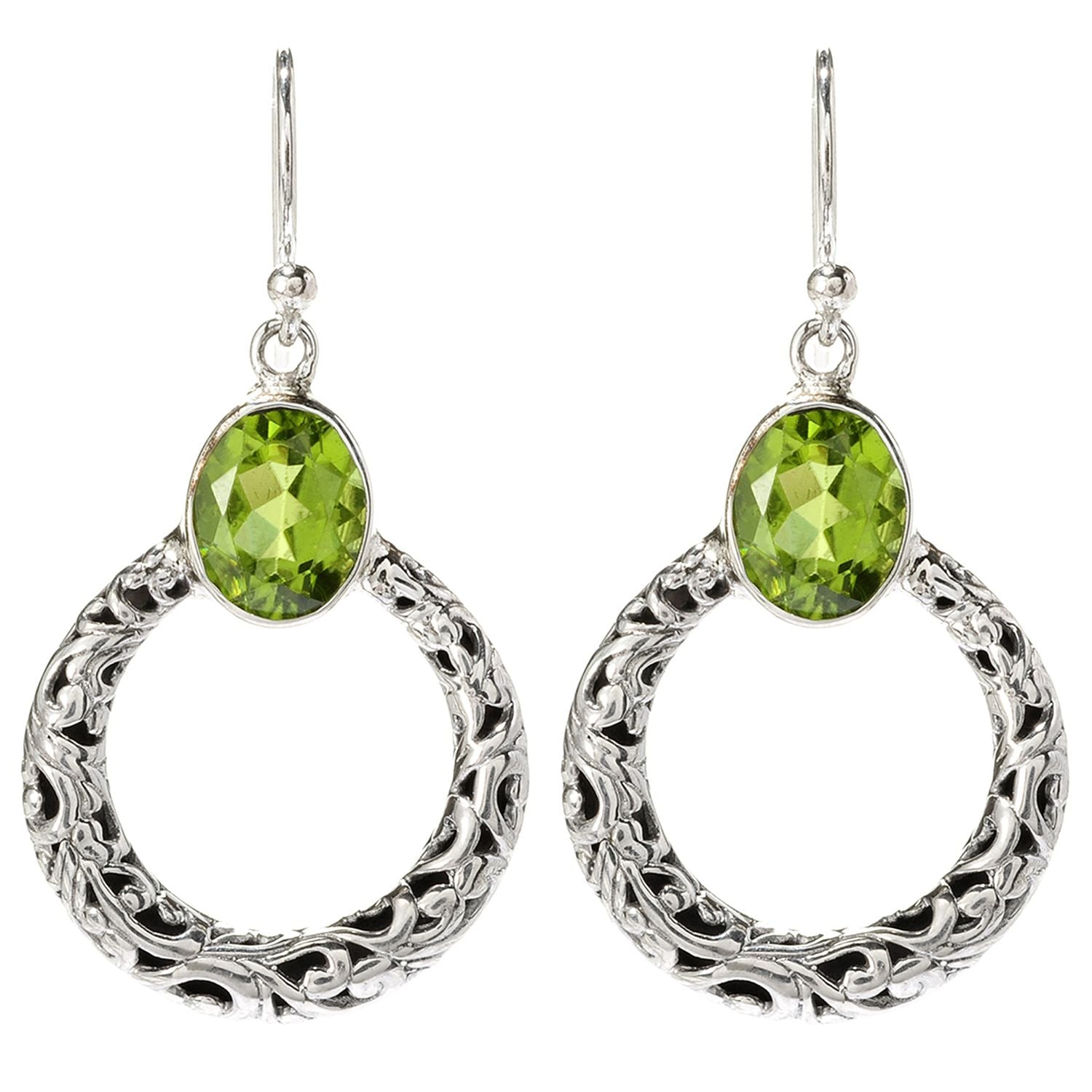 Samuel B. Sterling Silver Sacred Circle Peridot Earrings. Our Sterling Silver circle dangling earrings with peridot, handcrafted in Bali by our skilled artisans. From our signature collection, Royal Bali™ featuring designs handcrafted using sterling silver, solid 18k gold accents and genuine gemstones. 