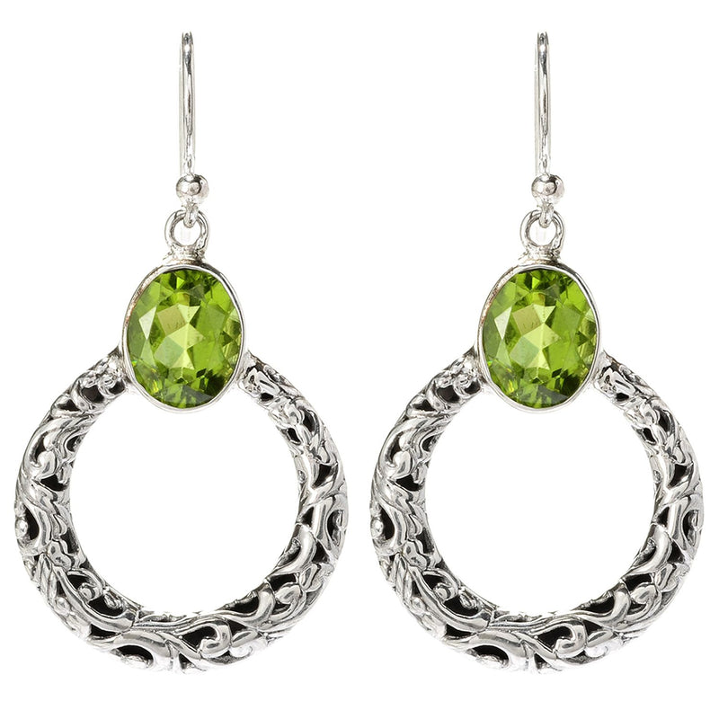 Samuel B. Sterling Silver Sacred Circle Peridot Earrings. Our Sterling Silver circle dangling earrings with peridot, handcrafted in Bali by our skilled artisans. From our signature collection, Royal Bali™ featuring designs handcrafted using sterling silver, solid 18k gold accents and genuine gemstones. 