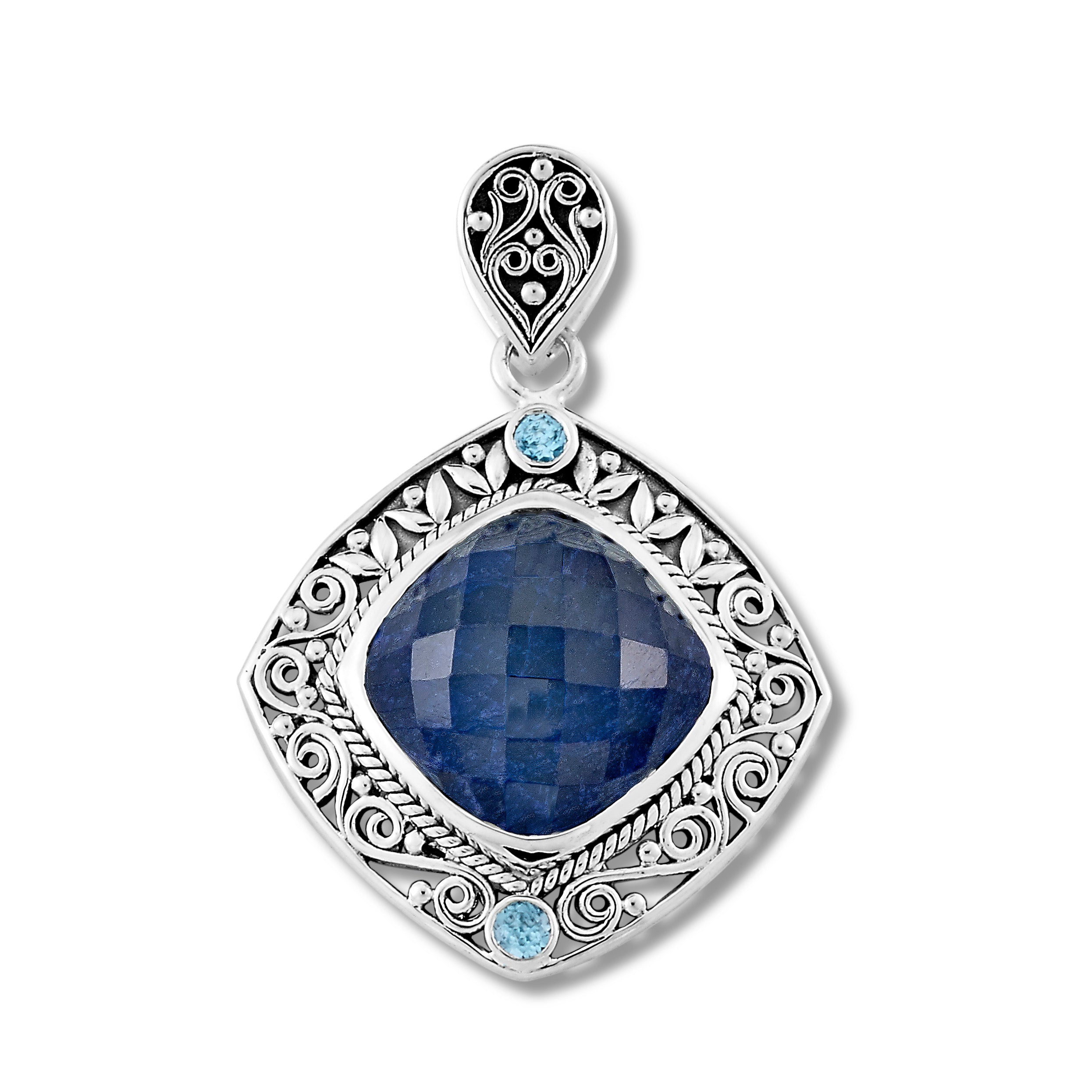 Samuel B Sterling Silver and 18K Yellow Gold Telago Pendant. Our Sterling Silver checkerboard cut dyed blue corundum pendant with blue topaz accents, handcrafted in Bali by our skilled artisans. From our signature collection, Royal Bali™ featuring designs handcrafted using sterling silver and genuine gemstones.