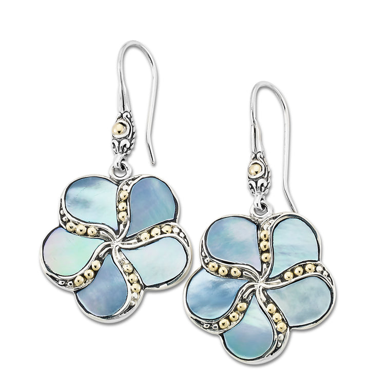 Samuel B. Sterling Silver and 18K Yellow Gold Blue Mother of Pearl Drop Flower Earrings (97241)