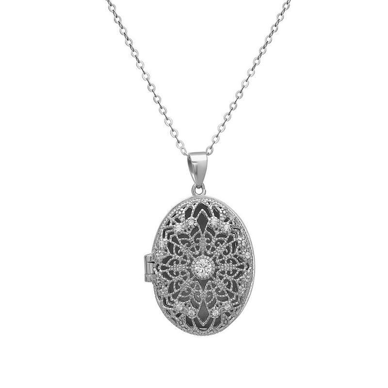 Sterling Silver Filigree Design with CZ Accents Oval Locket with 18" Sterling Silver Chain.
