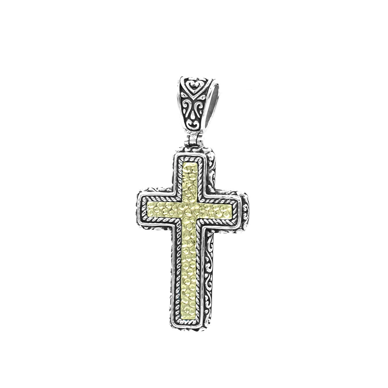 Samuel B Sterling Silver and Hammered 18K Yellow Gold Petite Reign Cross Pendant. Handcrafted in Bali by our skilled artisans. From our signature collection, Royal Bali™ featuring designs handcrafted using sterling silver and 18k yellow gold accents.