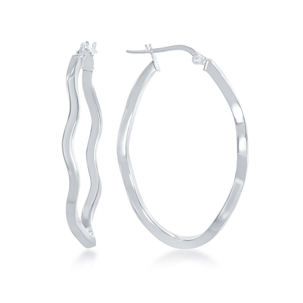 Sterling Silver Wavy Oval Hoop Earrings (97561)