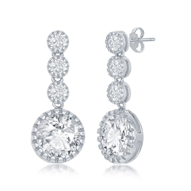 Sterling Silver Round Four Stone Dangle CZ Earrings.