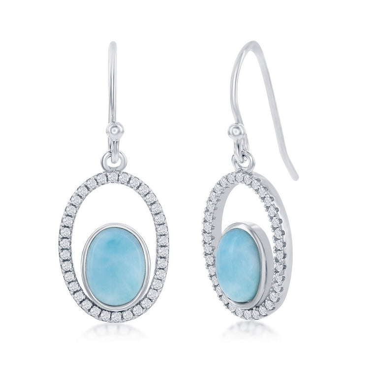 Sterling Silver Blue Larimar and CZ Oval Earrings (97568)