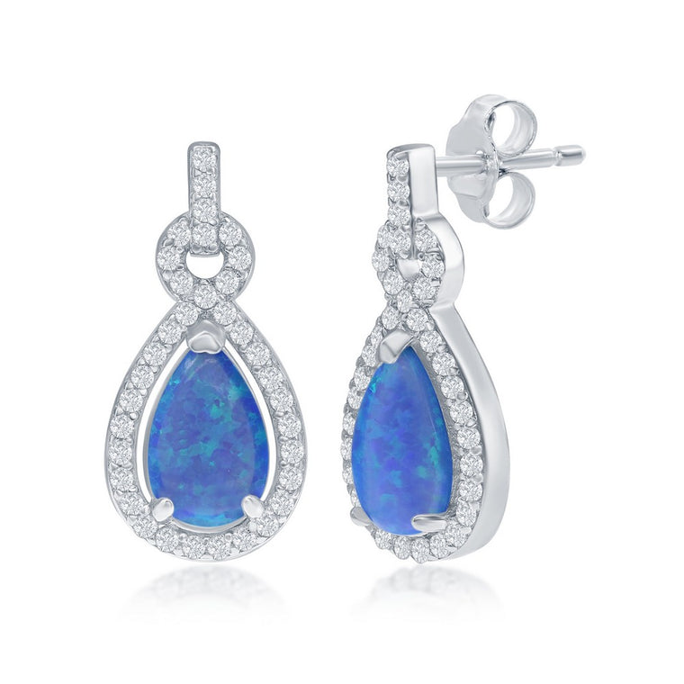 Sterling Silver Pear Shape Created Blue Opal with CZ Earrings (97570)
