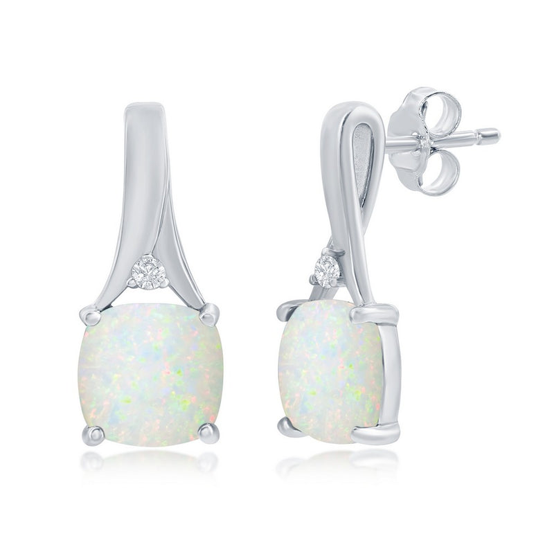 Sterling Silver Earrings with Square Shaped Created White Opal and CZ Accents.