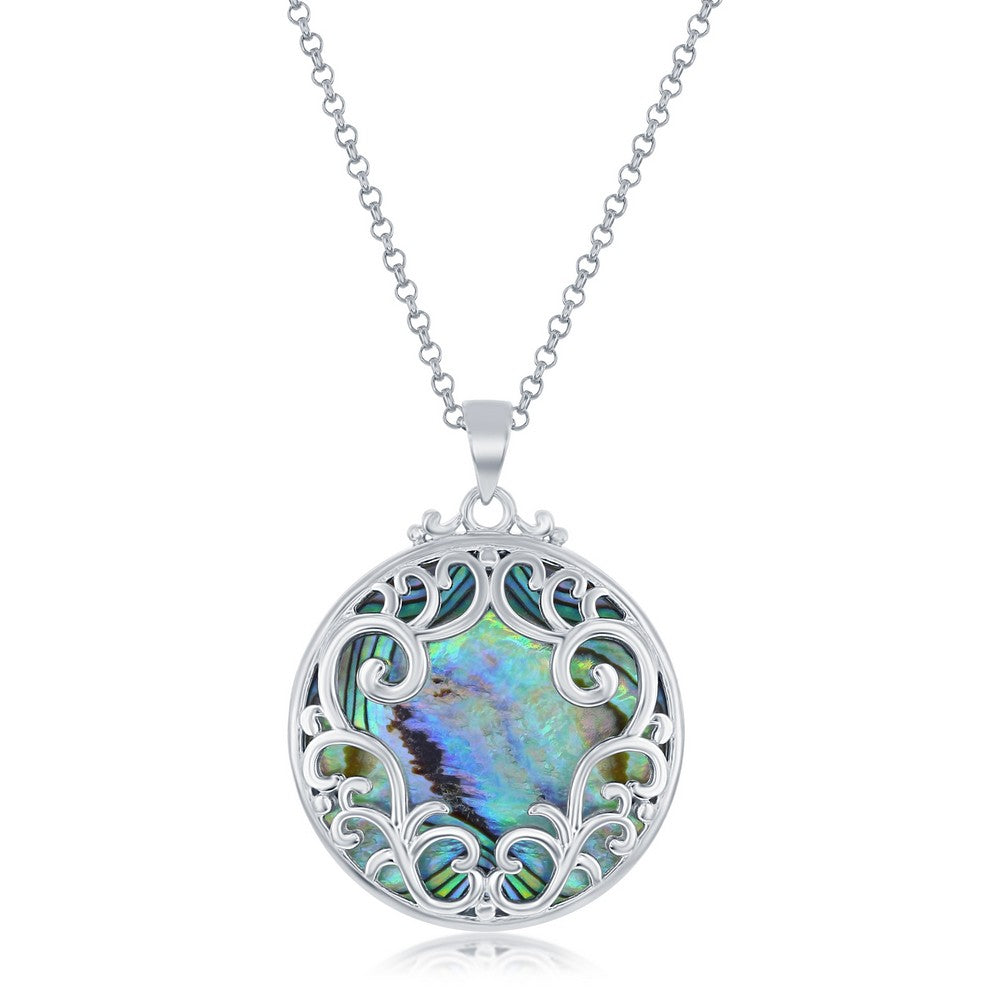 Sterling Silver Round Filigree with Abalone Pendant with 18" Sterling Silver Chain.