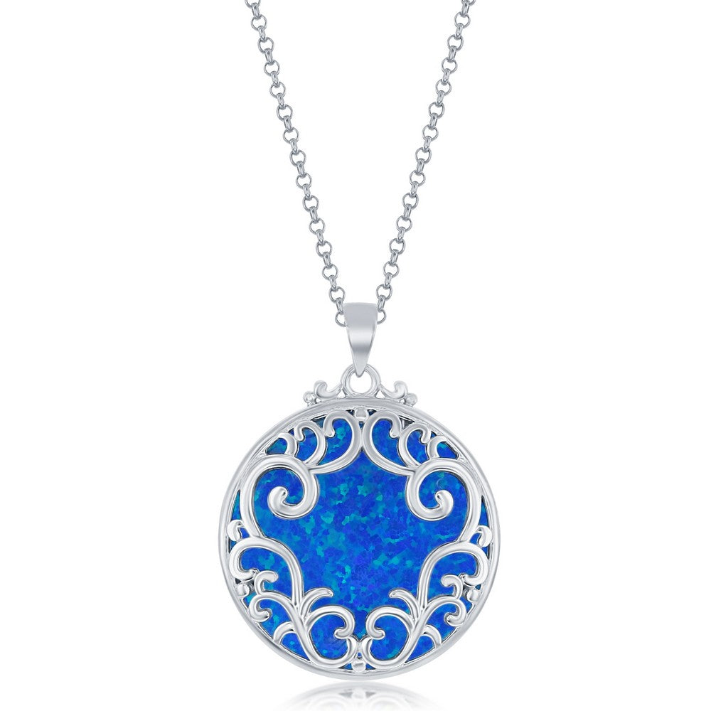Sterling Silver Filigree with Round Blue Created Opal Pendant with 18" Sterling Silver Chain.
