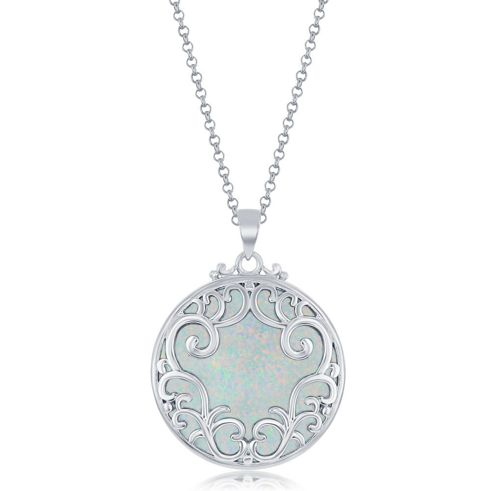 Sterling Silver Filigree with Round Created White Opal on 18" Sterling Silver Chain.
