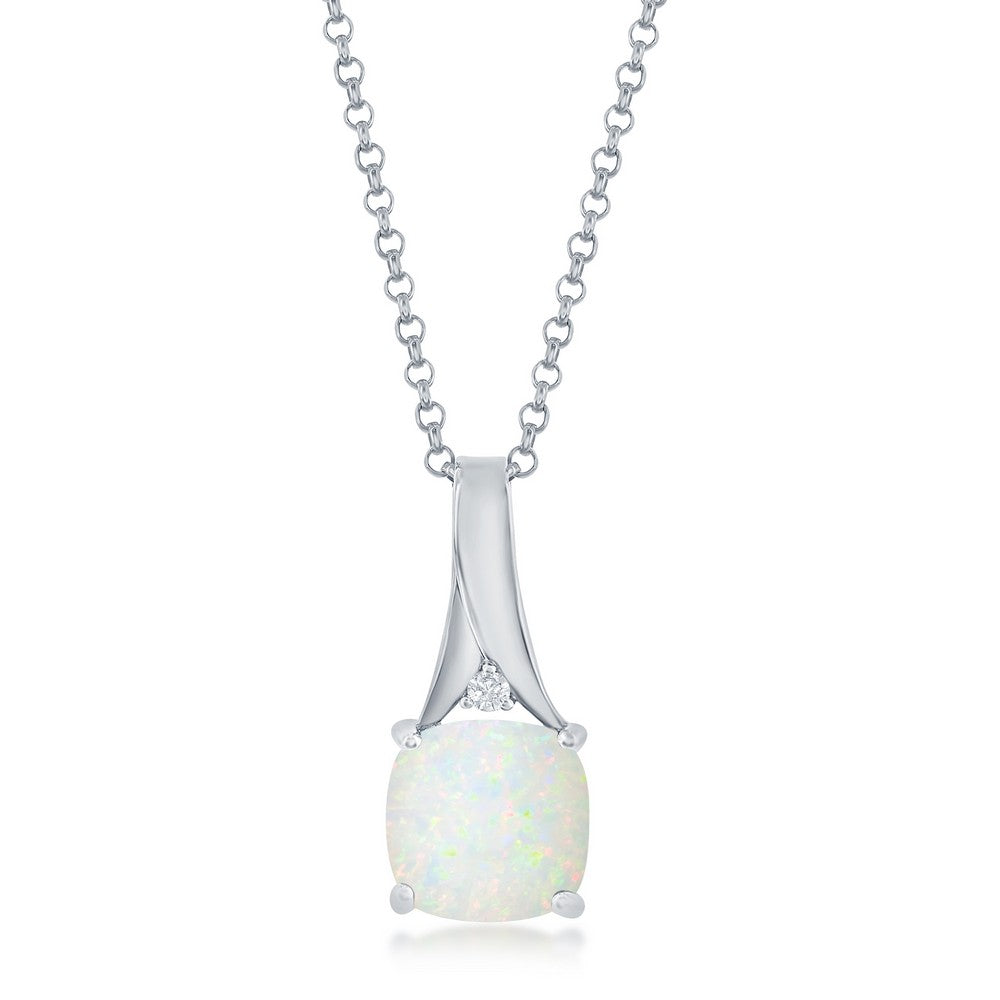 Sterling Silver Square Shaped Created White Opal with Cubic Zirconia Accent Pendant on 18" Sterling Silver Chain.