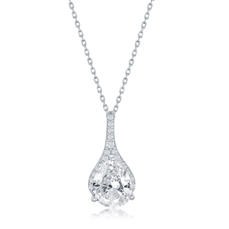 Sterling Silver Pear Shaped CZ with Accented Bail Pendant on 16+2" Sterling Silver Chain.