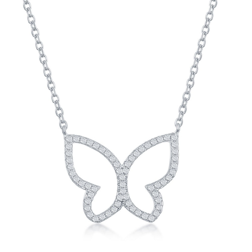 Sterling Silver CZ Open Butterfly Necklace on adjustable 16+2" Sterling Silver Chain.