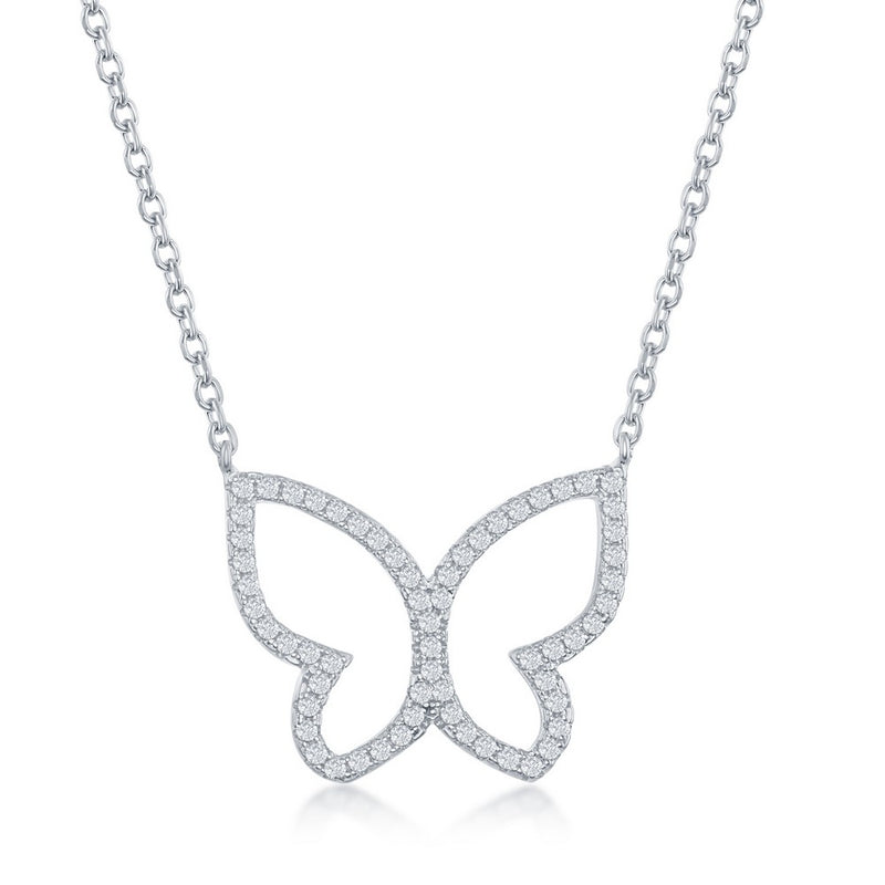 Sterling Silver CZ Open Butterfly Necklace on adjustable 16+2" Sterling Silver Chain.