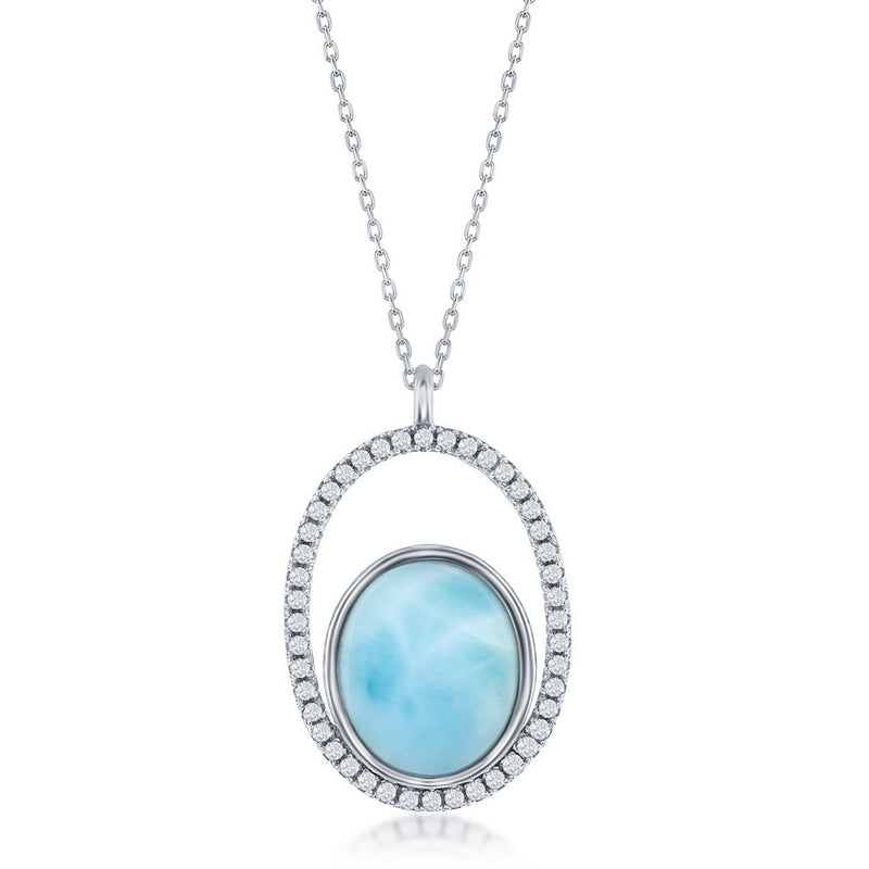 Sterling Silver Open Oval with Cubic Zircona with Oval Blue Larimar and adjustable 16+2" Sterling Silver Chain.