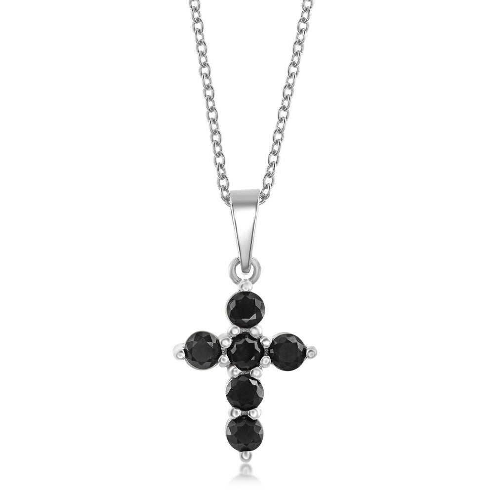 Sterling Silver Black Sapphire Cross Pendant  on adjustable 16+2" Sterling Silver Chain.