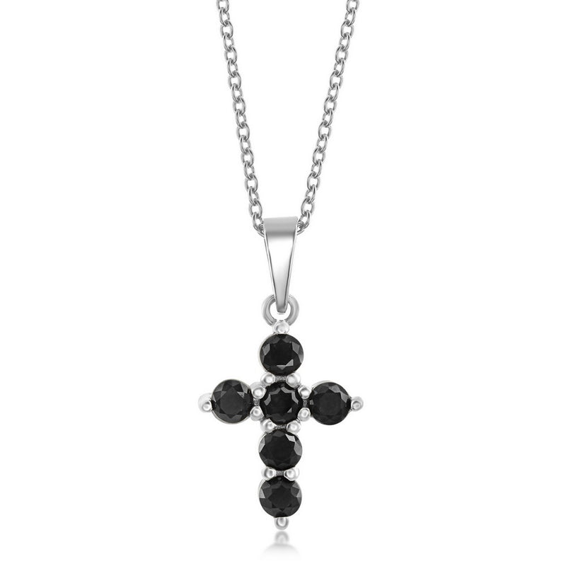 Sterling Silver Black Sapphire Cross Pendant  on adjustable 16+2" Sterling Silver Chain.