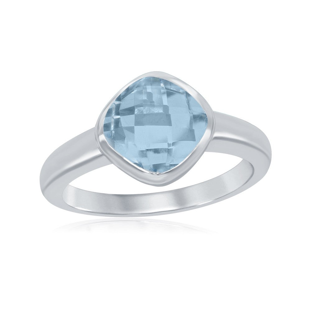 Sterling Silver Bezel Set Checkerboard Cut Blue Topaz Ring