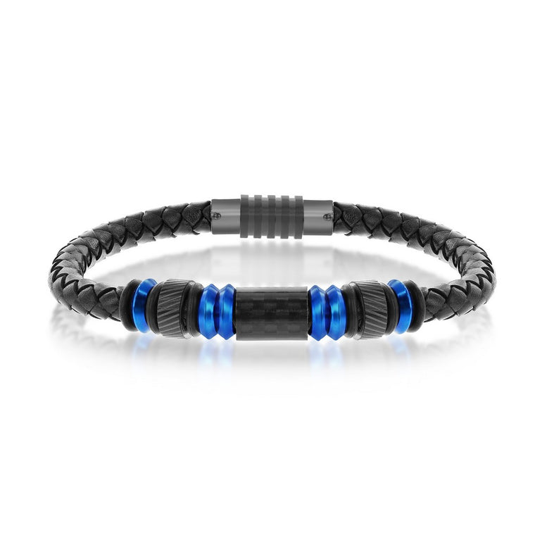 Blue Stainless Steel w/ Black Carbon Fiber Genuine Leather Bracelet (97638)