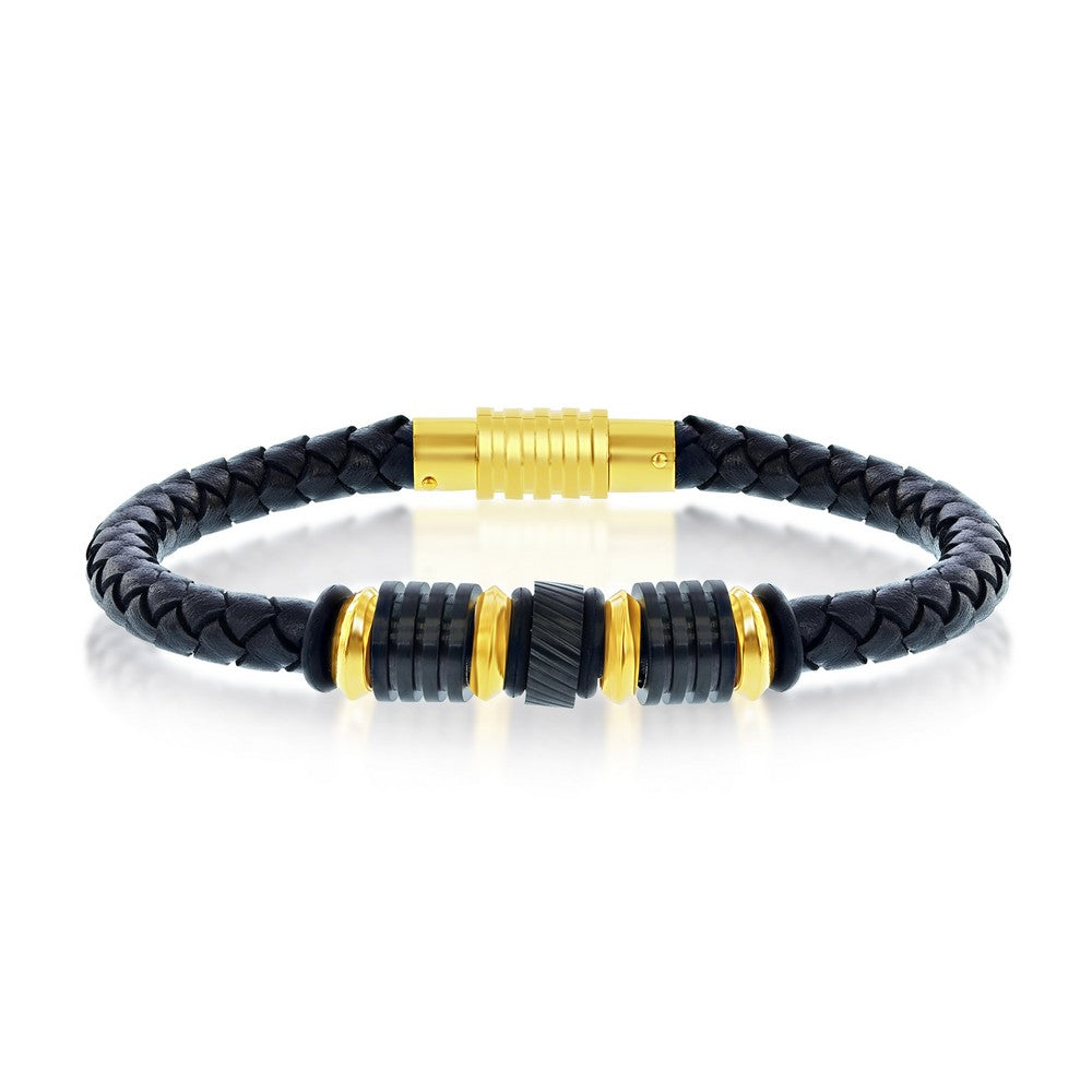 Black and Gold Stainless Steel Genuine Leather Bracelet