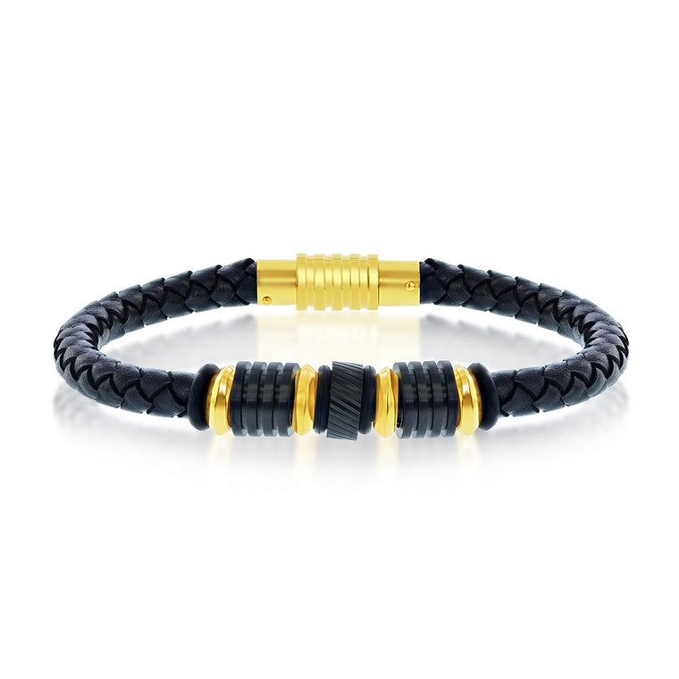 Black and Gold Stainless Steel Genuine Leather Bracelet (97642)