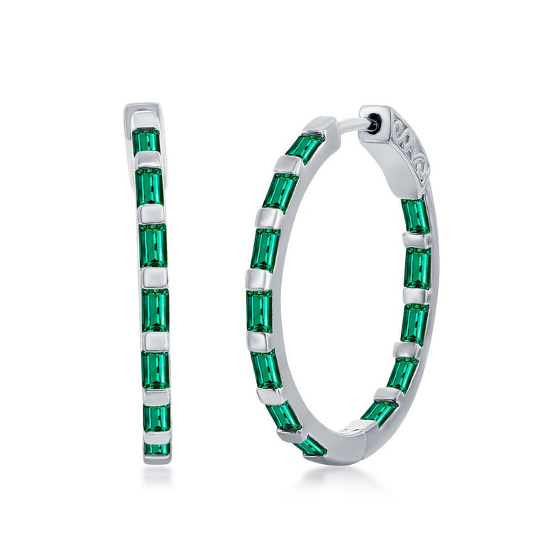 Sterling Silver Emerald Green Baguette Cubic Zirconia Hoop Earrings (97646)