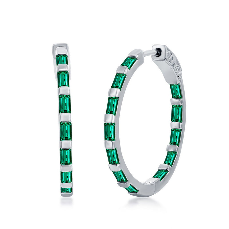 Sterling Silver Hoop Earrings with Emerald Green Baguette Cubic Zirconia Accents.