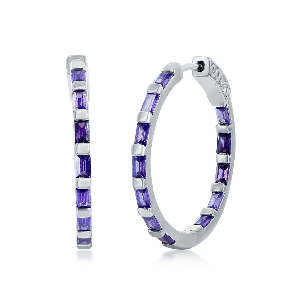 Sterling Silver Hoop Earrings with Amethyst Purple Baguette Cubic Zirconia Accents.