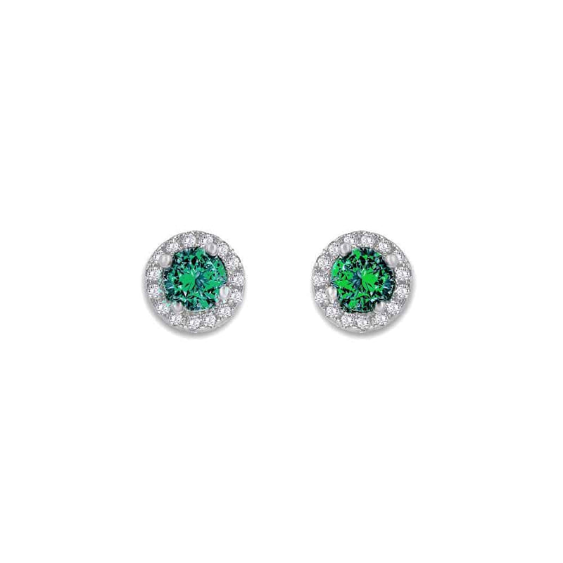 From the Anastasia Collection by Anna Zuckerman Luxury, Sterling Silver Emerald Green CZ Halo Stud Earrings.