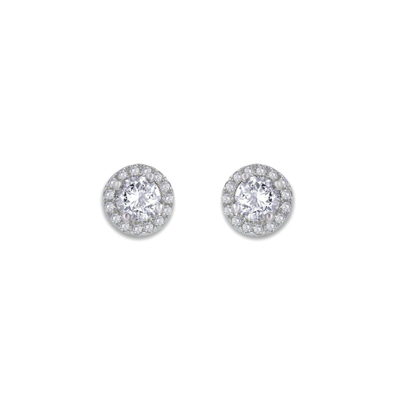 From the Anastasia Collection by Anna Zuckerman Luxury, Sterling Silver CZ Halo Stud Earrings.