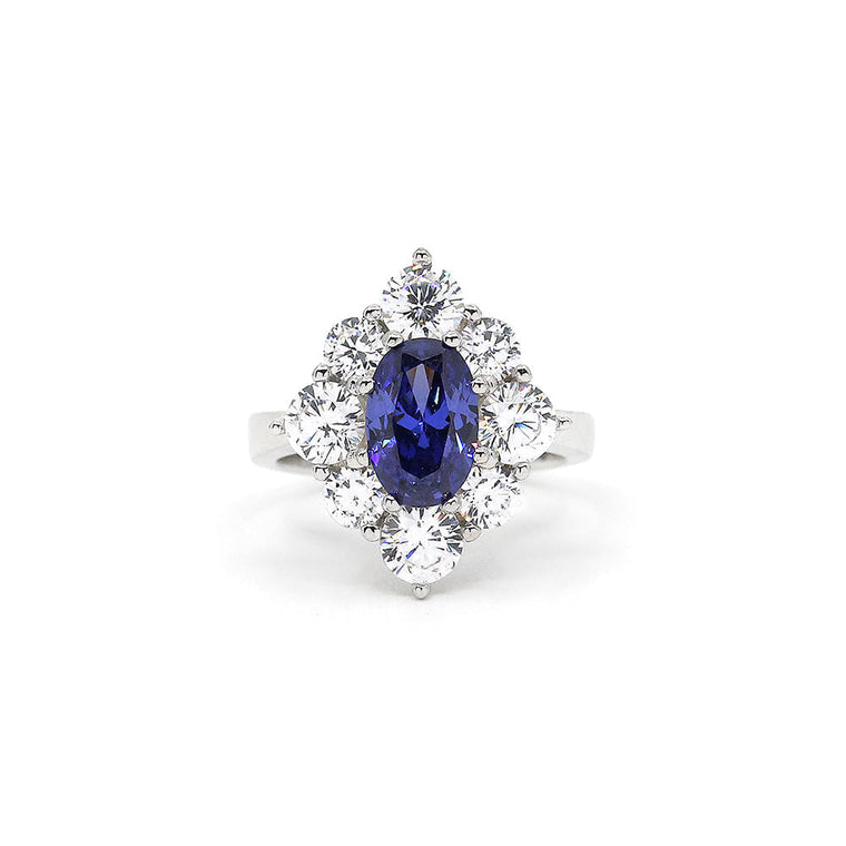 Anna Zuckerman Sterling Silver Oval Sapphire Blue Cubic Zirconia Halo Ring, Size 8 (97710)