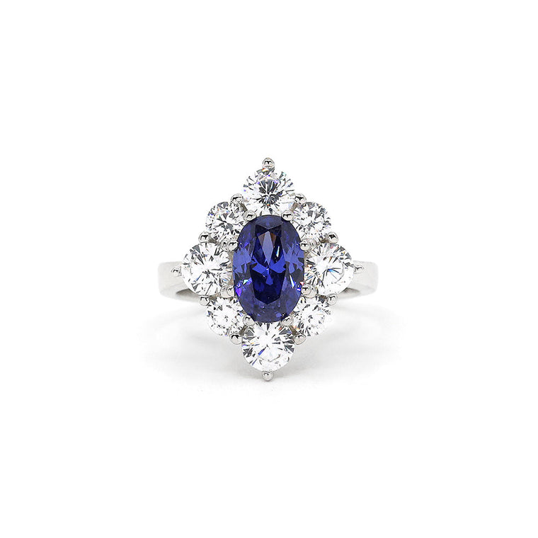Anna Zuckerman Sterling Silver Oval Sapphire Blue Cubic Zirconia Halo Ring, Size 5 (97702)