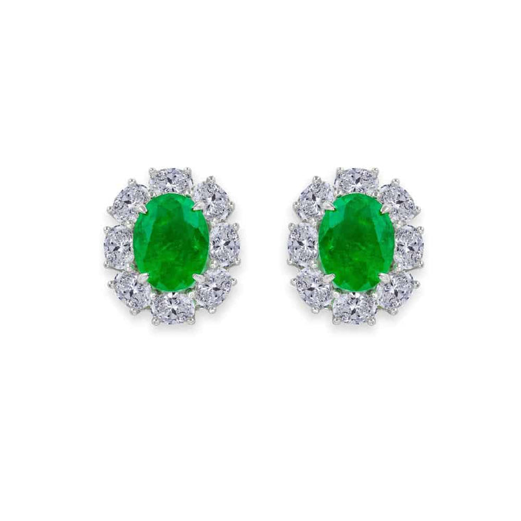Anna Zuckerman Sterling Silver Oval Emerald Green Cubic Zirconia Halo Earrings (97704)